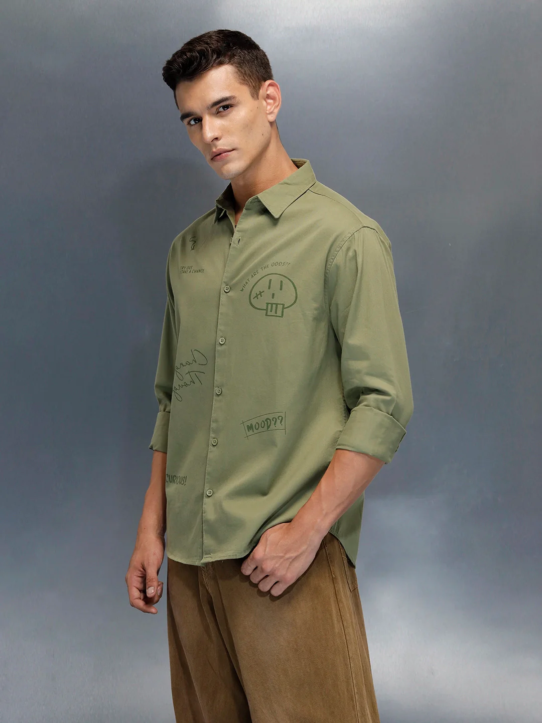 Men's Casual Regualr Fit Shirt With Placement Print | Green - Image 4
