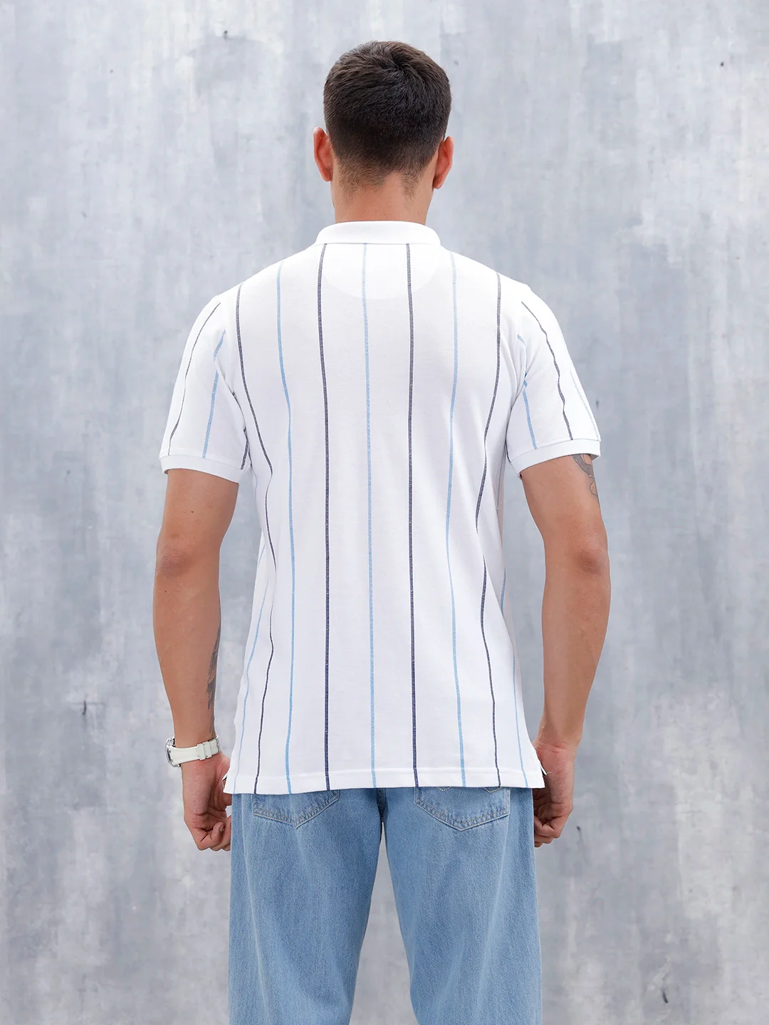 Men's Casual Regualr Fit Striped Pattern Polo T-Shirt | White - Image 3
