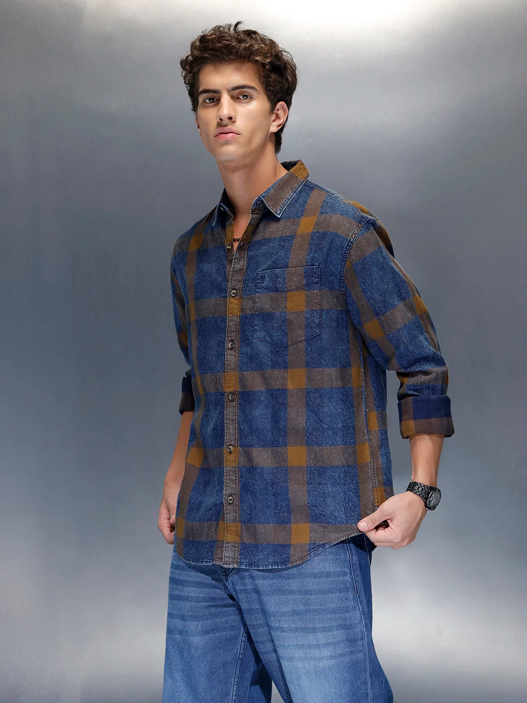Men's casual regular fit checkered pattern shirt | Brown - Image 4