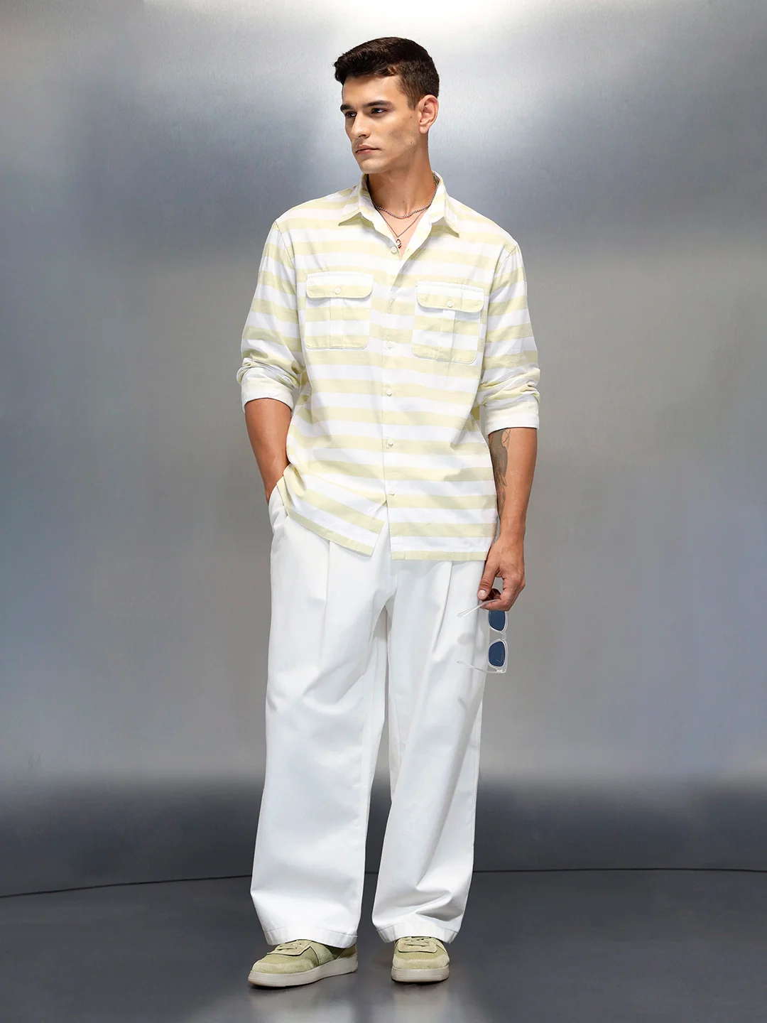 Men's Casual Regular Fit Striped Pattern Shirt | Green - Image 2