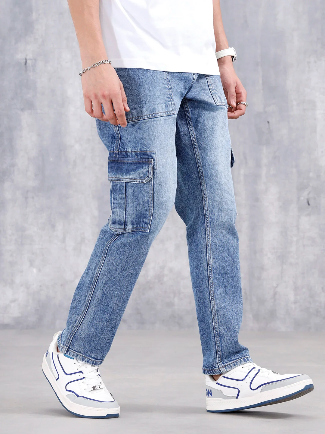 Men's Casual Relaxed Fit Cargo Jeans | Med Stone - Image 4