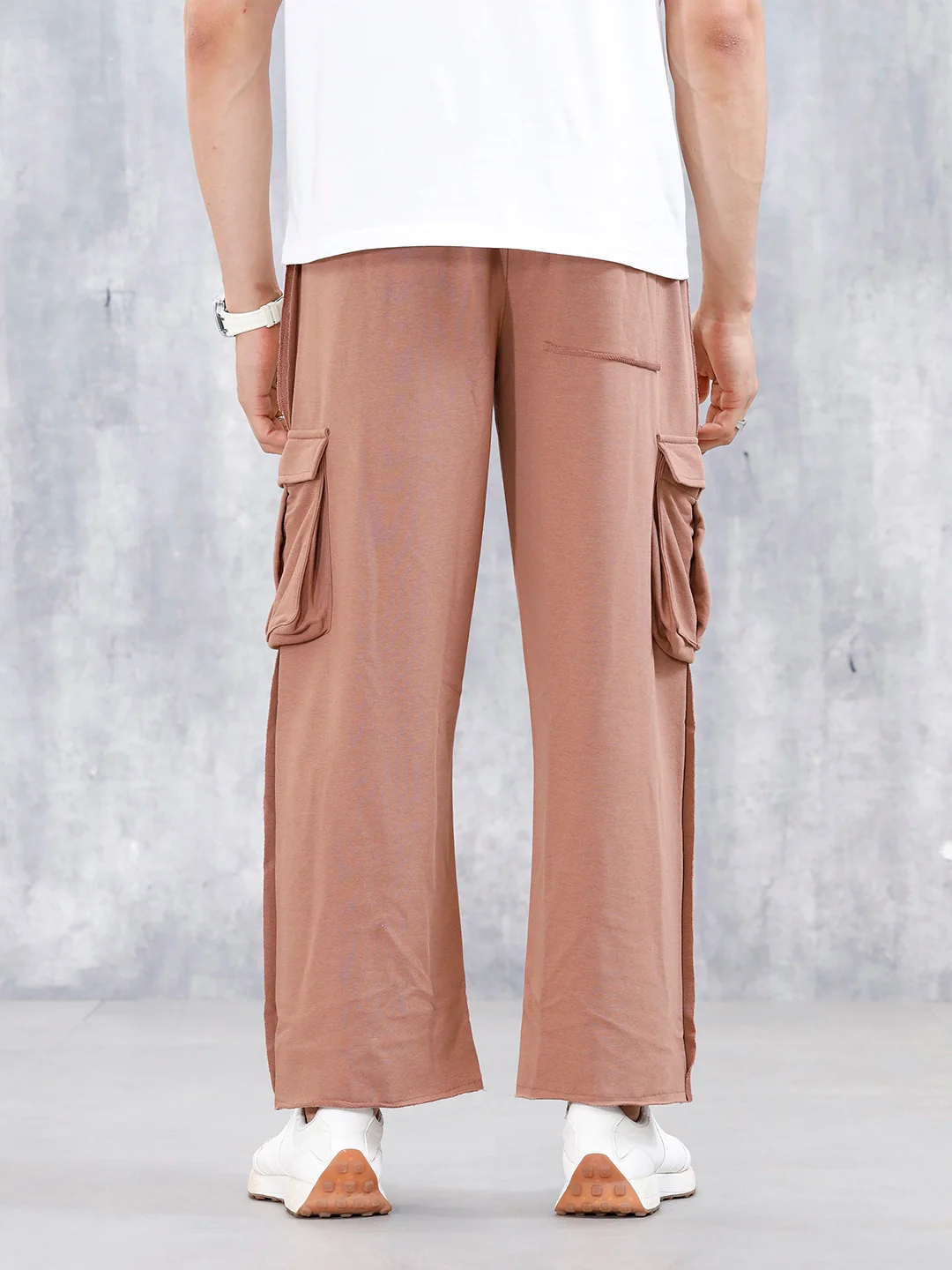 Men's Casual Relaxed Fit Cargo Knit Jogger With Raw Edge Detail | Brown - Image 3