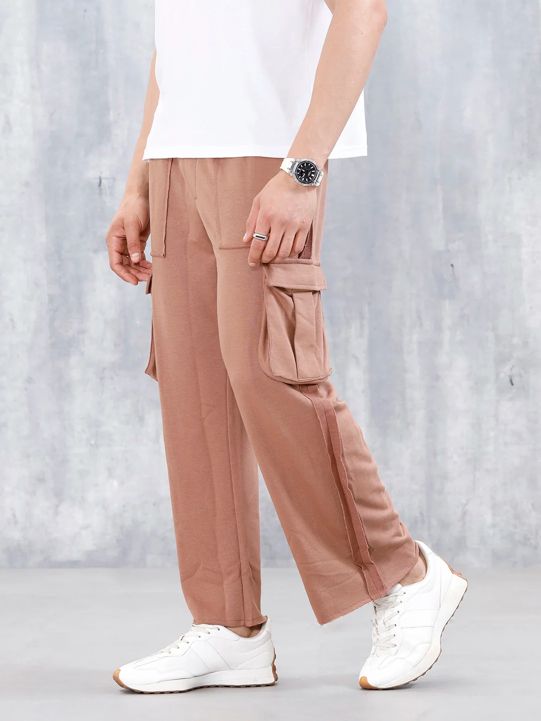 Men's Casual Relaxed Fit Cargo Knit Jogger With Raw Edge Detail | Brown - Image 4