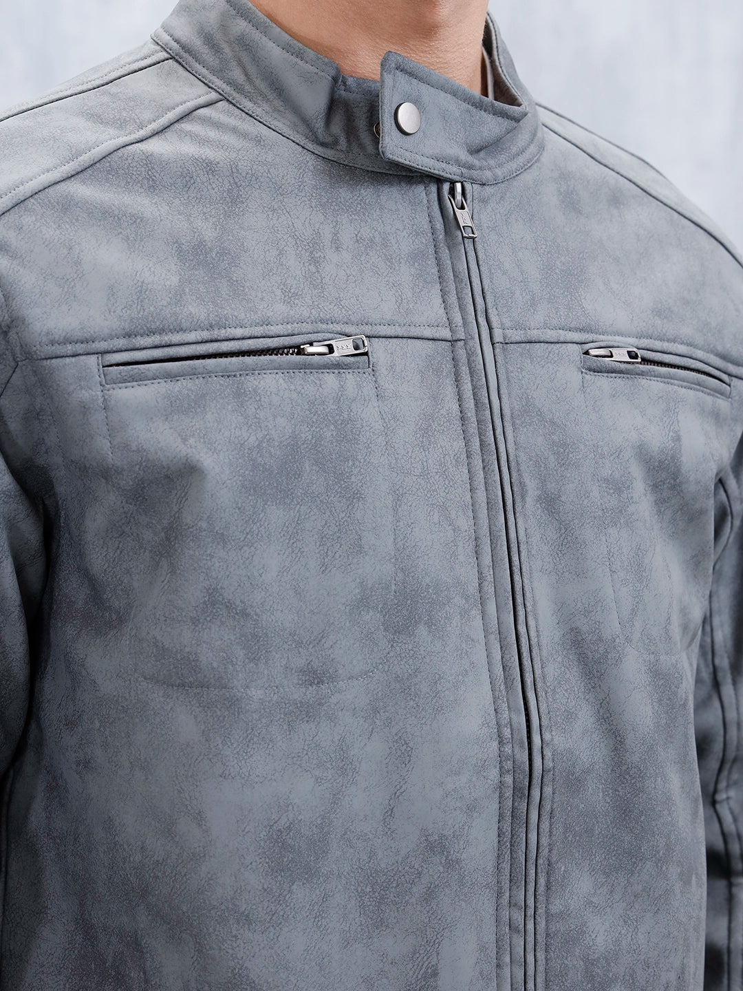 Men's Casual Slim Fit Biker Jacket | Grey - Image 5