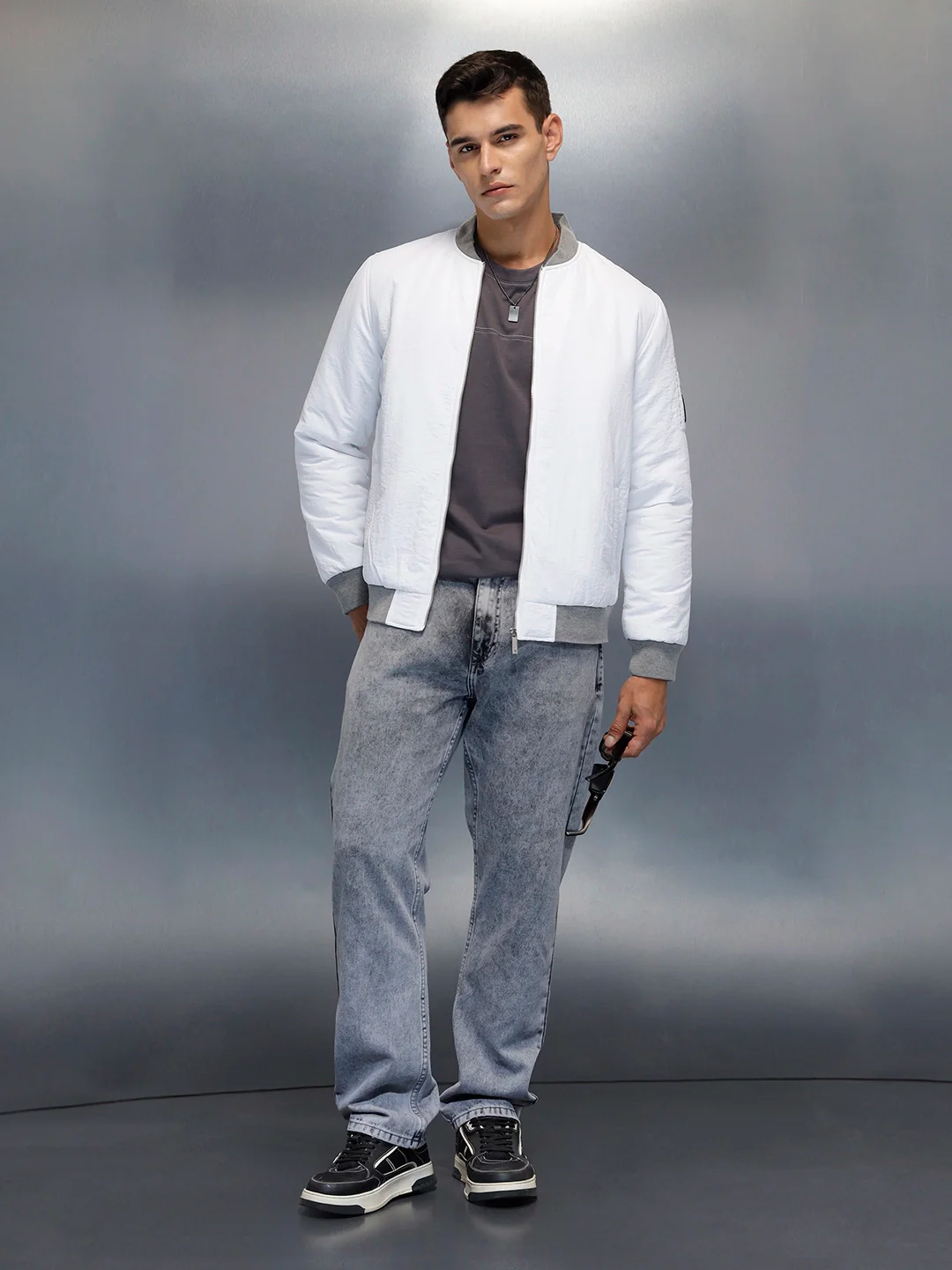 Men's Casual Slim Fit Bomber Jacket | Off White - Image 2