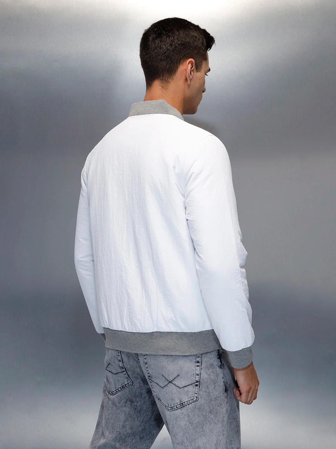 Men's Casual Slim Fit Bomber Jacket | Off White - Image 3