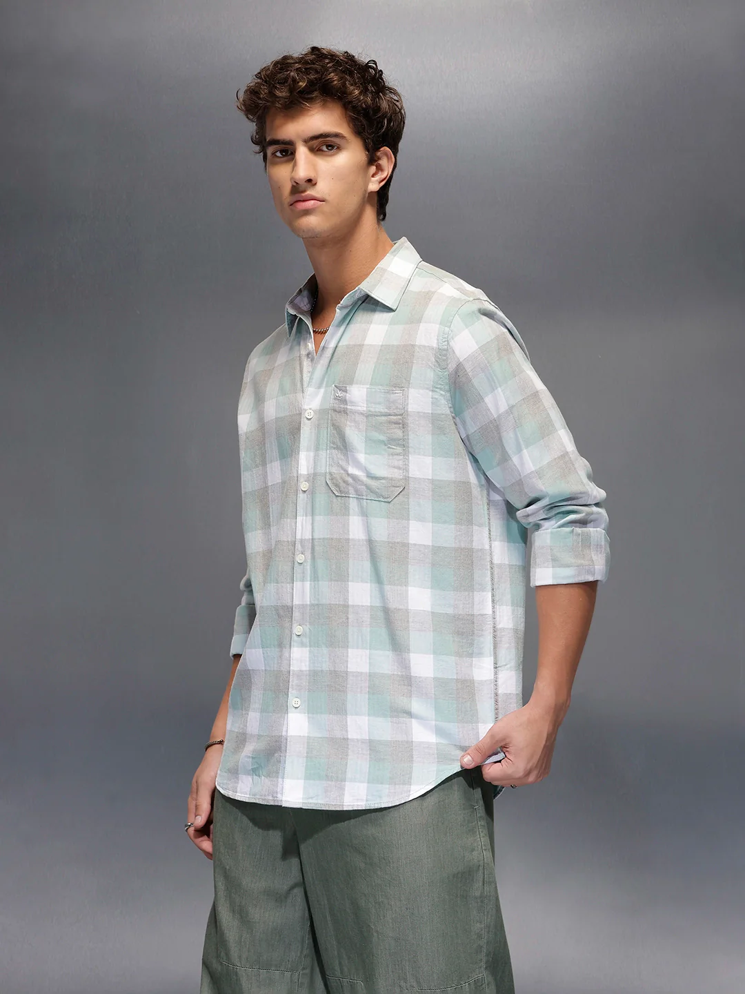 Men's Casual Slim Fit Checkered Shirt  |  Green - Image 4