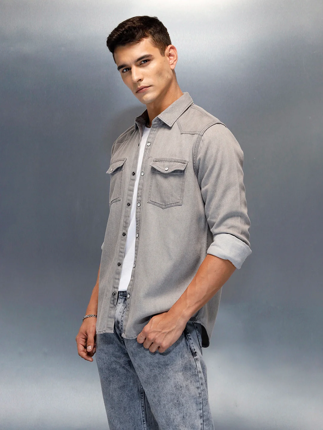Men's Casual Slim Fit Denim Shirt | Grey - Image 4
