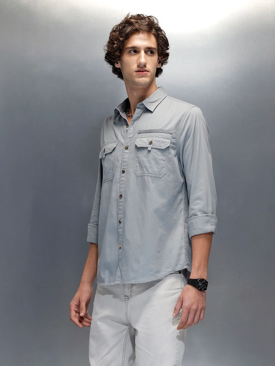 Men's casual slim fit double pocket shirt | Grey - Image 4