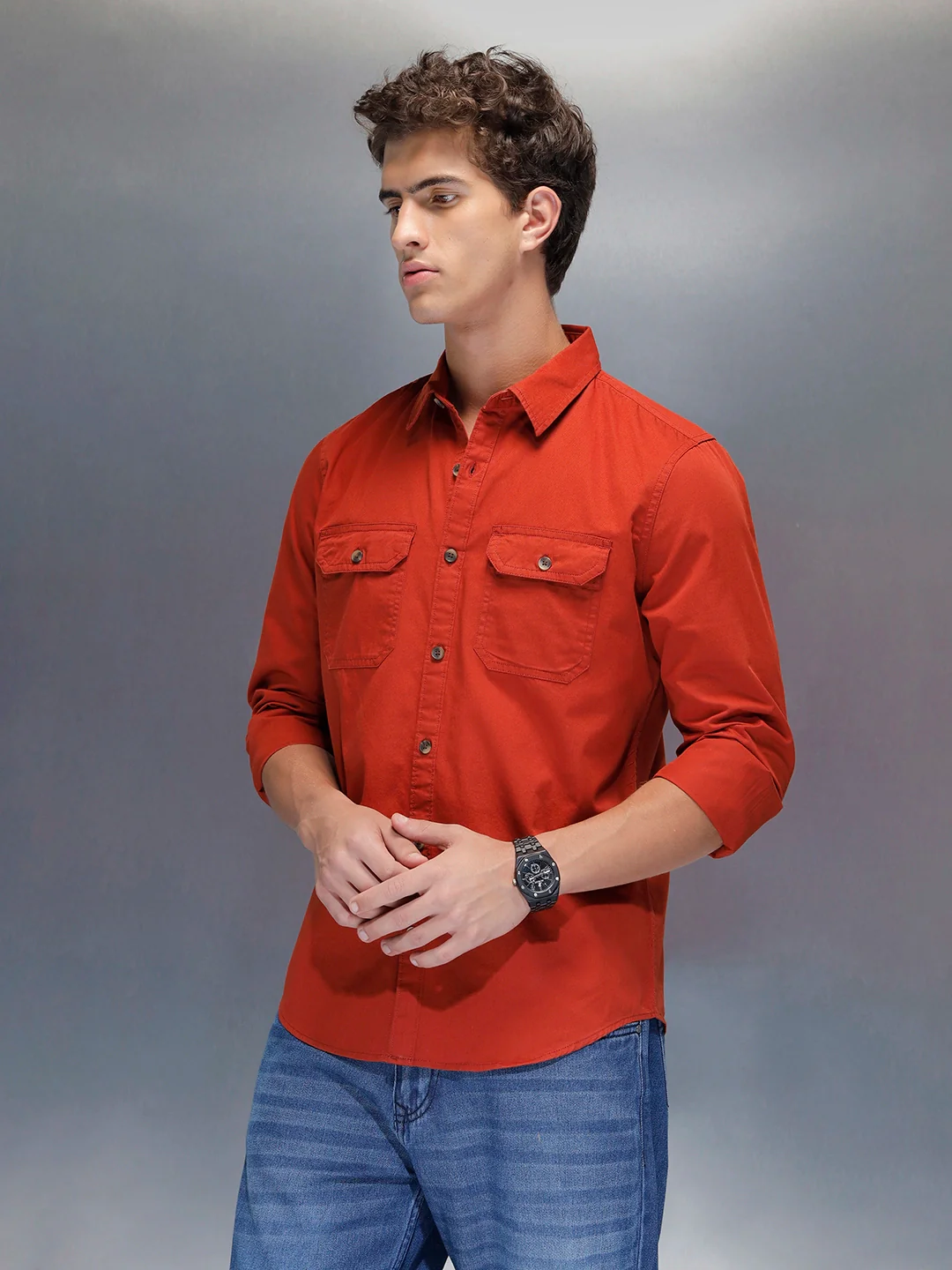 men's casual slim fit double pocket shirt | Rust - Image 4