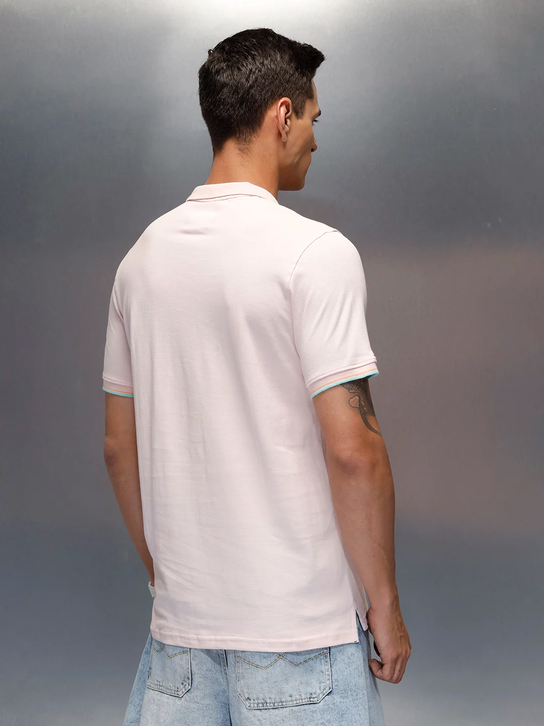 Men's casual slim fit polo t-shirt with contrast detail  | Pink - Image 3