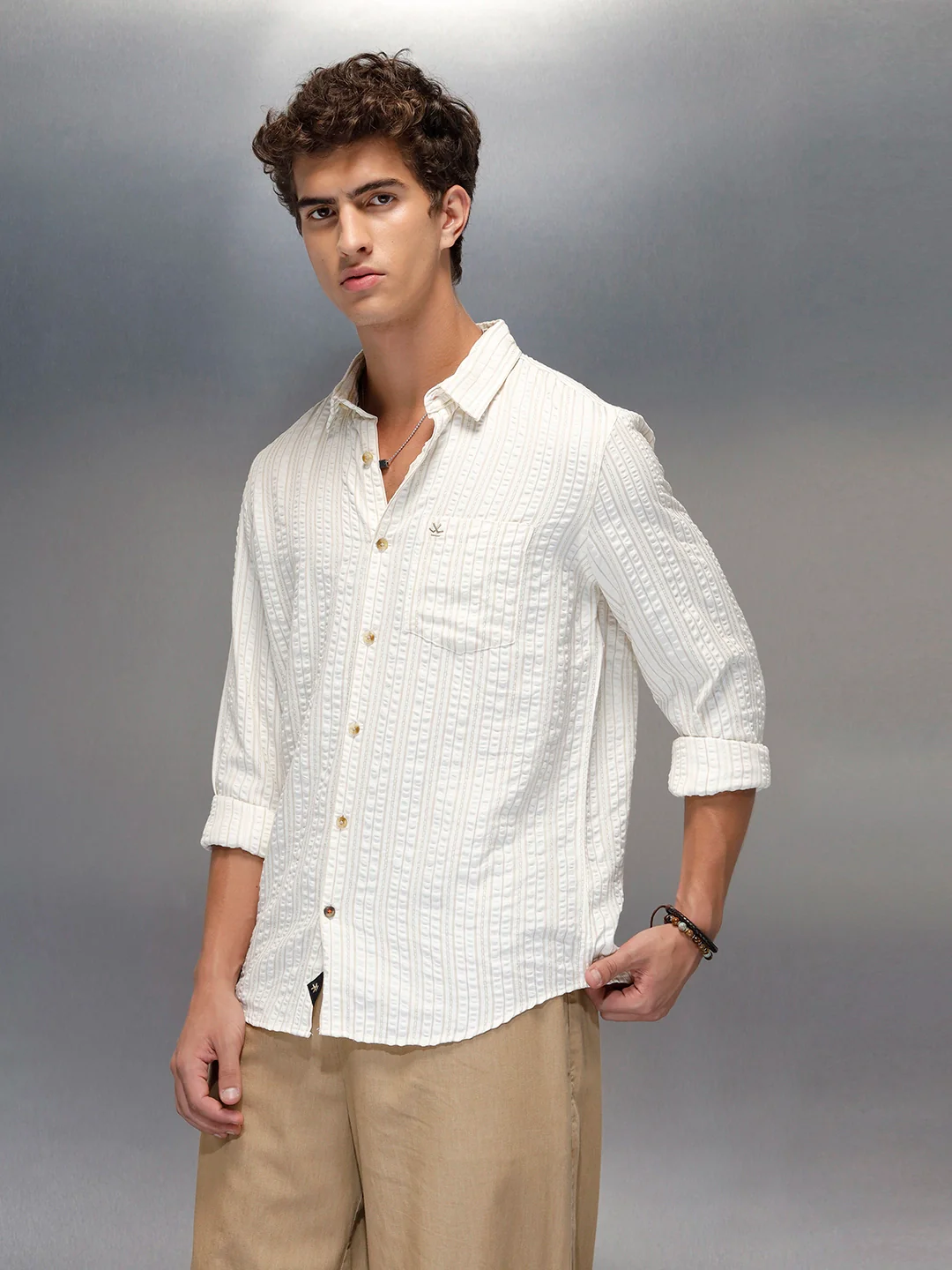 men's casual slim fit shirt  | Beige - Image 4