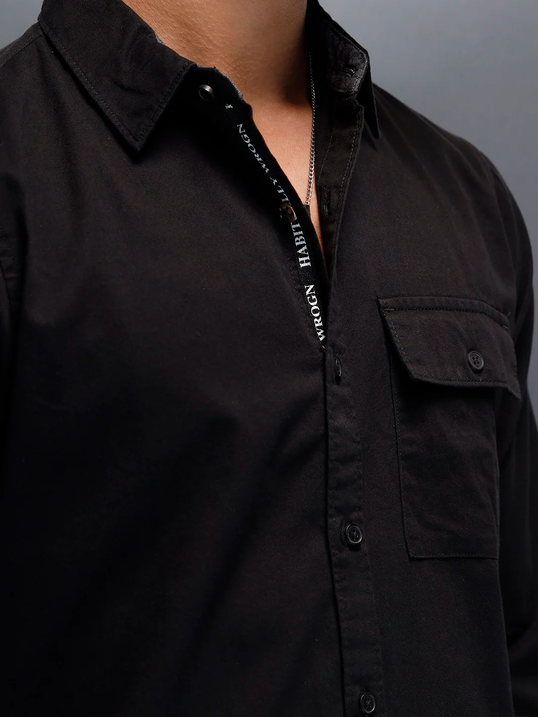 Men's casual slim fit shirt with typographic placket detail  | Black - Image 5