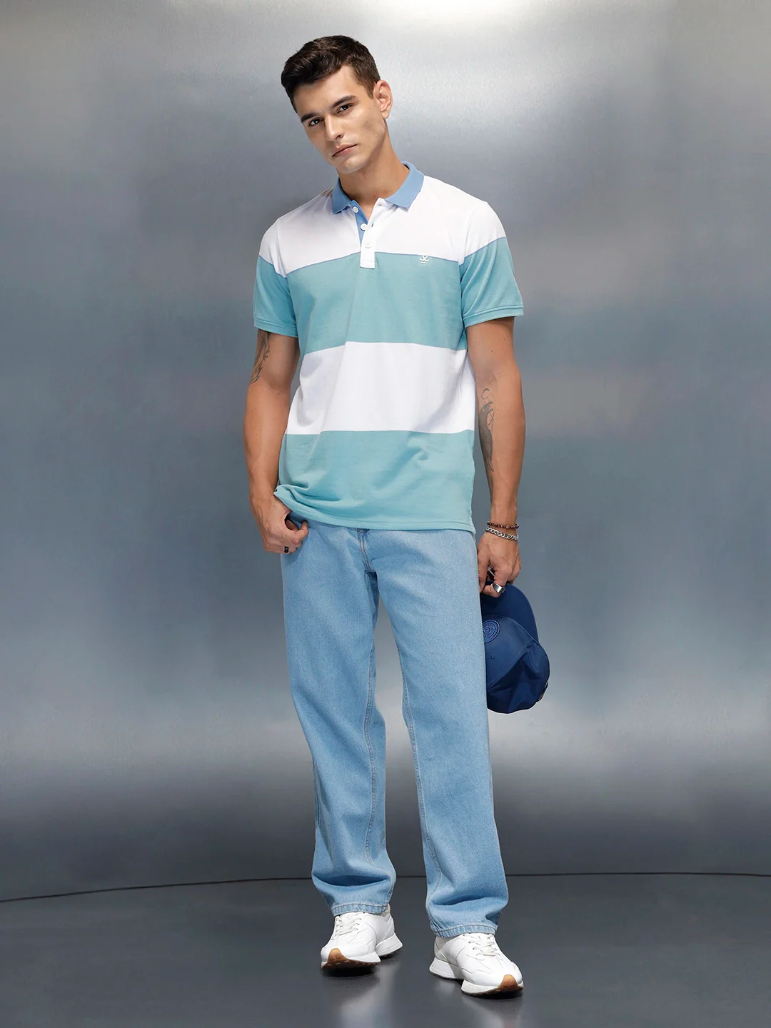 Men's Casual Slim Fit Striped Patten Polo T-Shirt | Teal - Image 2