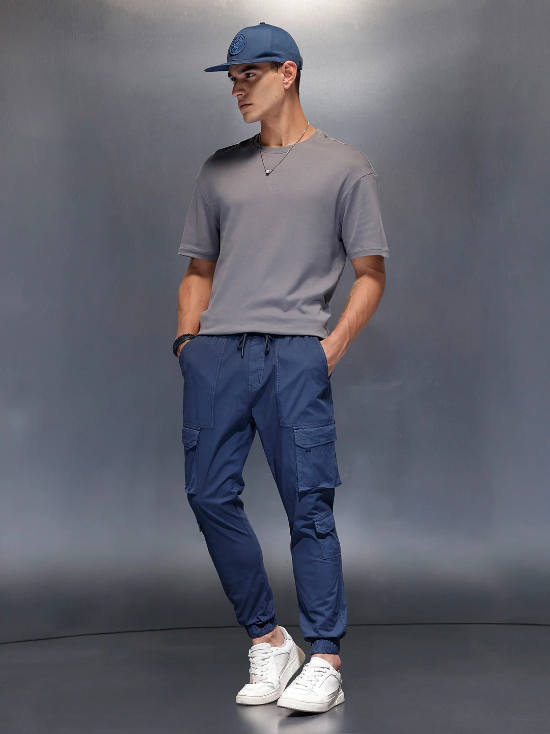 Men's casual Slim fit trousers with mutiple utility pockets | Navy Blue - Image 2