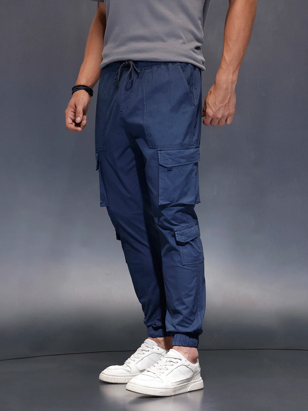 Men's casual Slim fit trousers with mutiple utility pockets | Navy Blue - Image 4