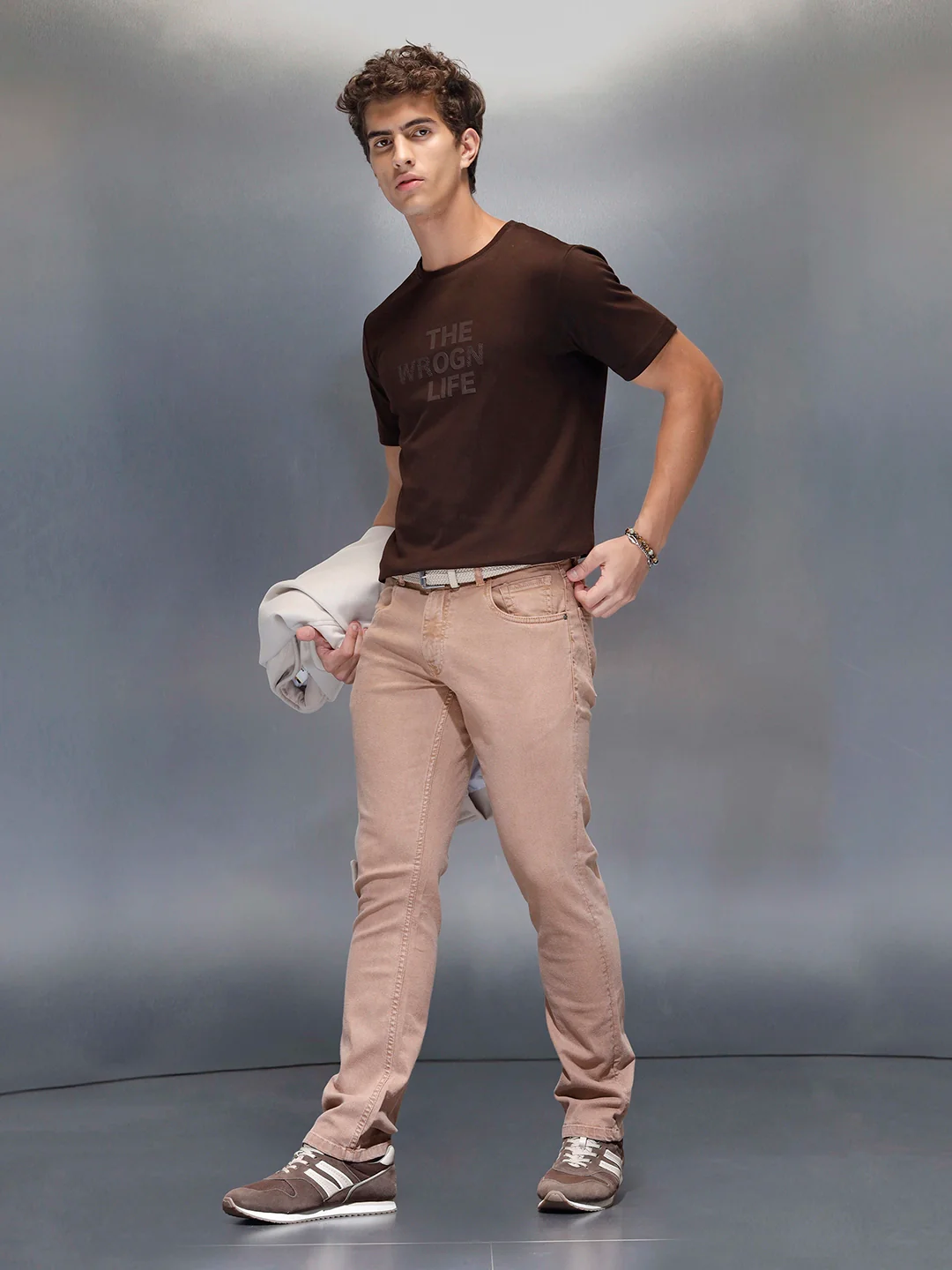 Men's Casual Slim Fit Tshirt with tonal 3D graphic print  | Brown - Image 2