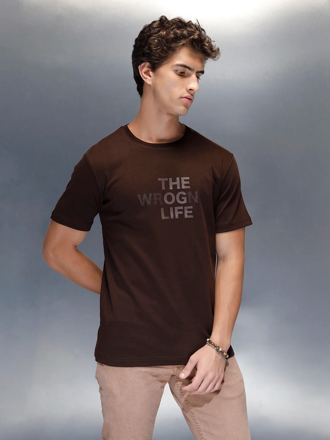 Men's Casual Slim Fit Tshirt with tonal 3D graphic print  | Brown - Image 4