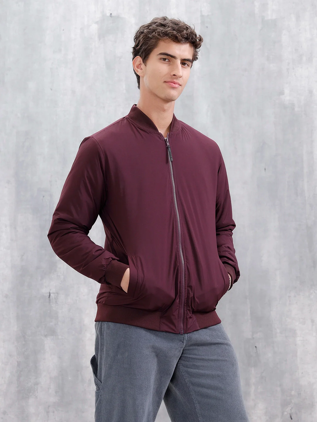 Men's Casual Solid Bomber Jacket | Maroon - Image 4