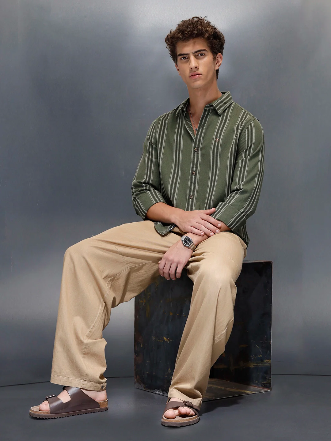 men's casual striped pattern shirt | Olive - Image 2