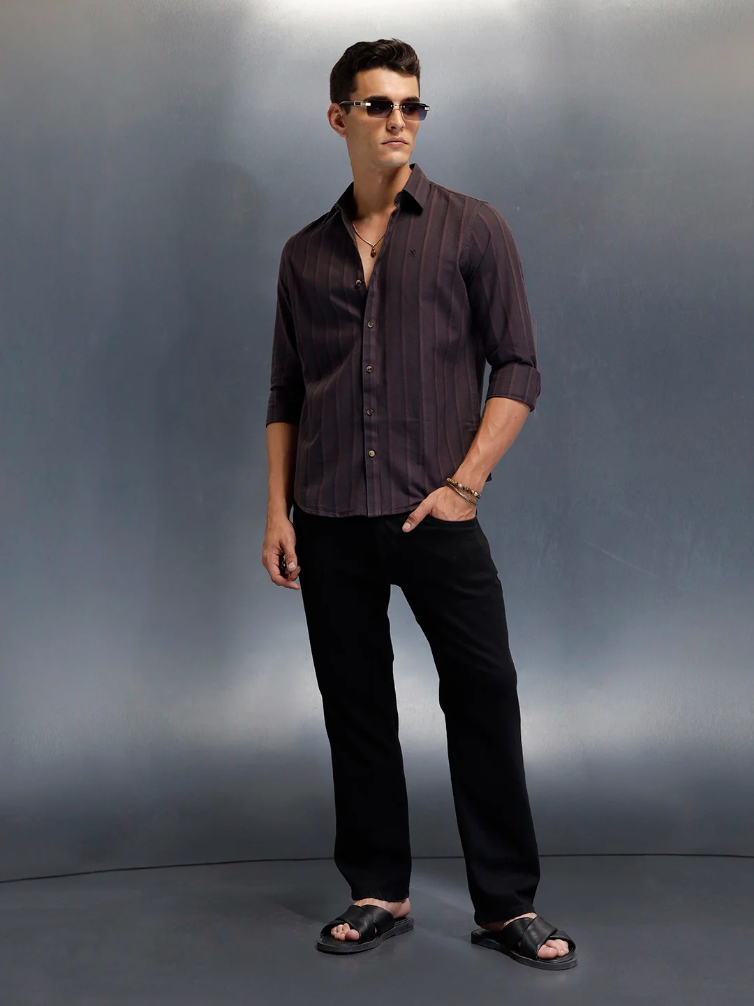 Men's casual striped pattern shirt | Purple - Image 2
