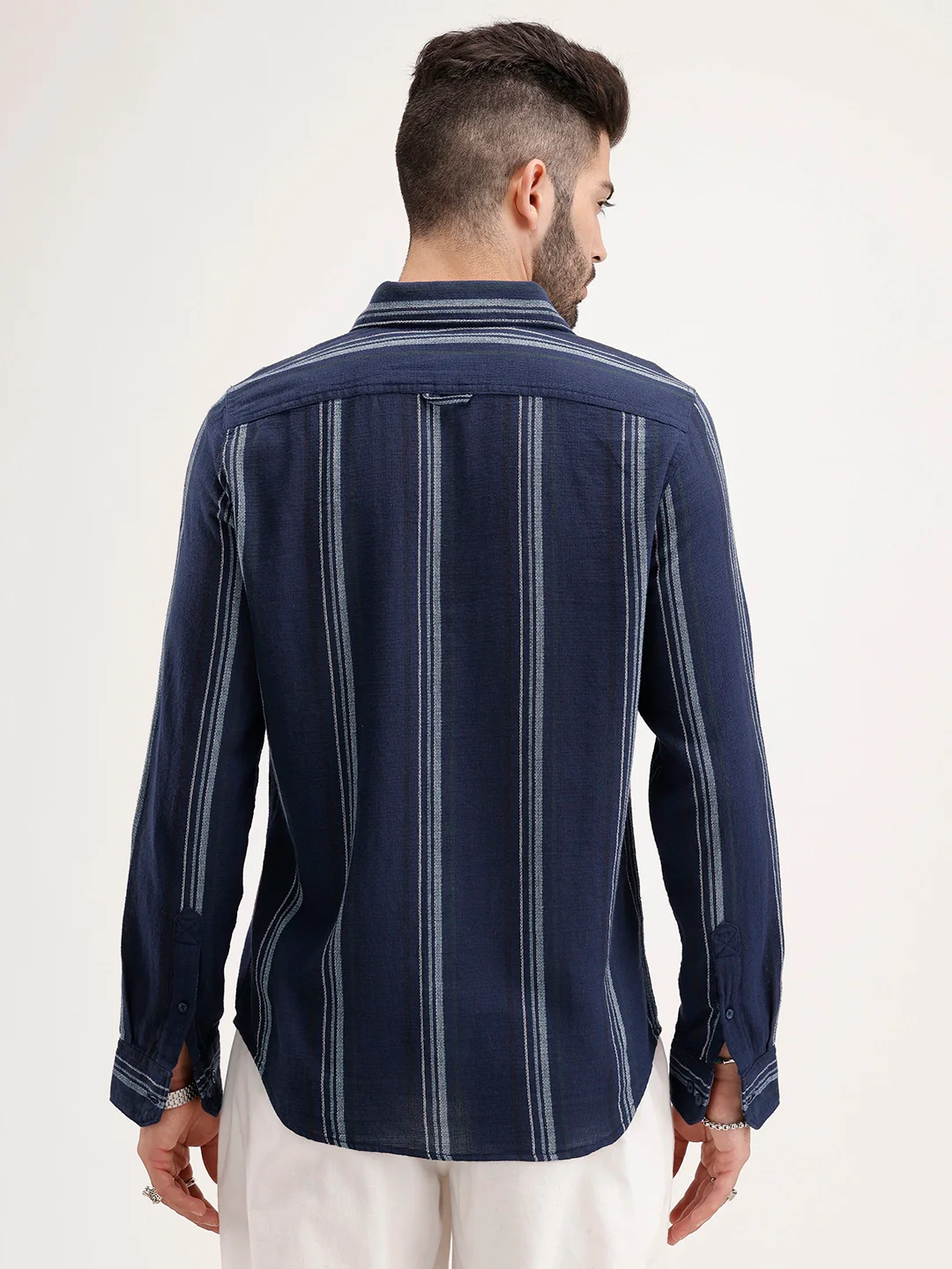 Men's Casual Striped Regular Fit Shirt  | Navy Blue - Image 3