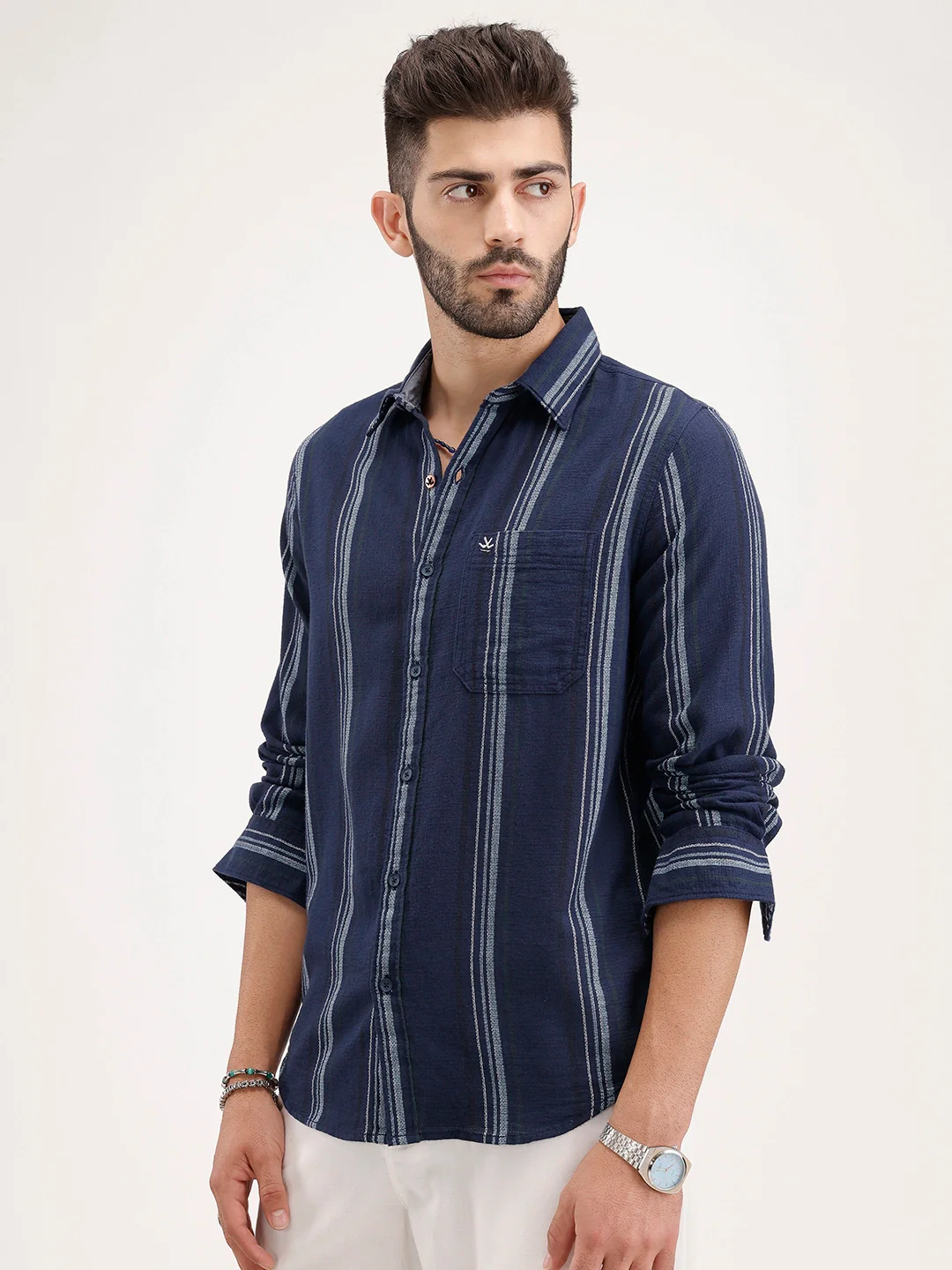 Men's Casual Striped Regular Fit Shirt  | Navy Blue - Image 4