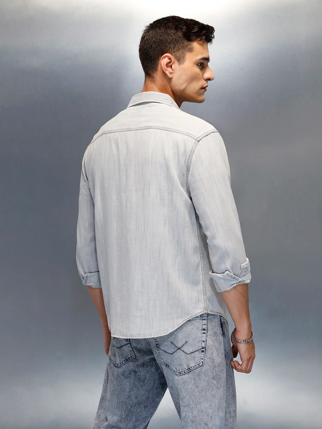 Men's Casual Washed Comfort Fit Denim Shirt | Grey - Image 3