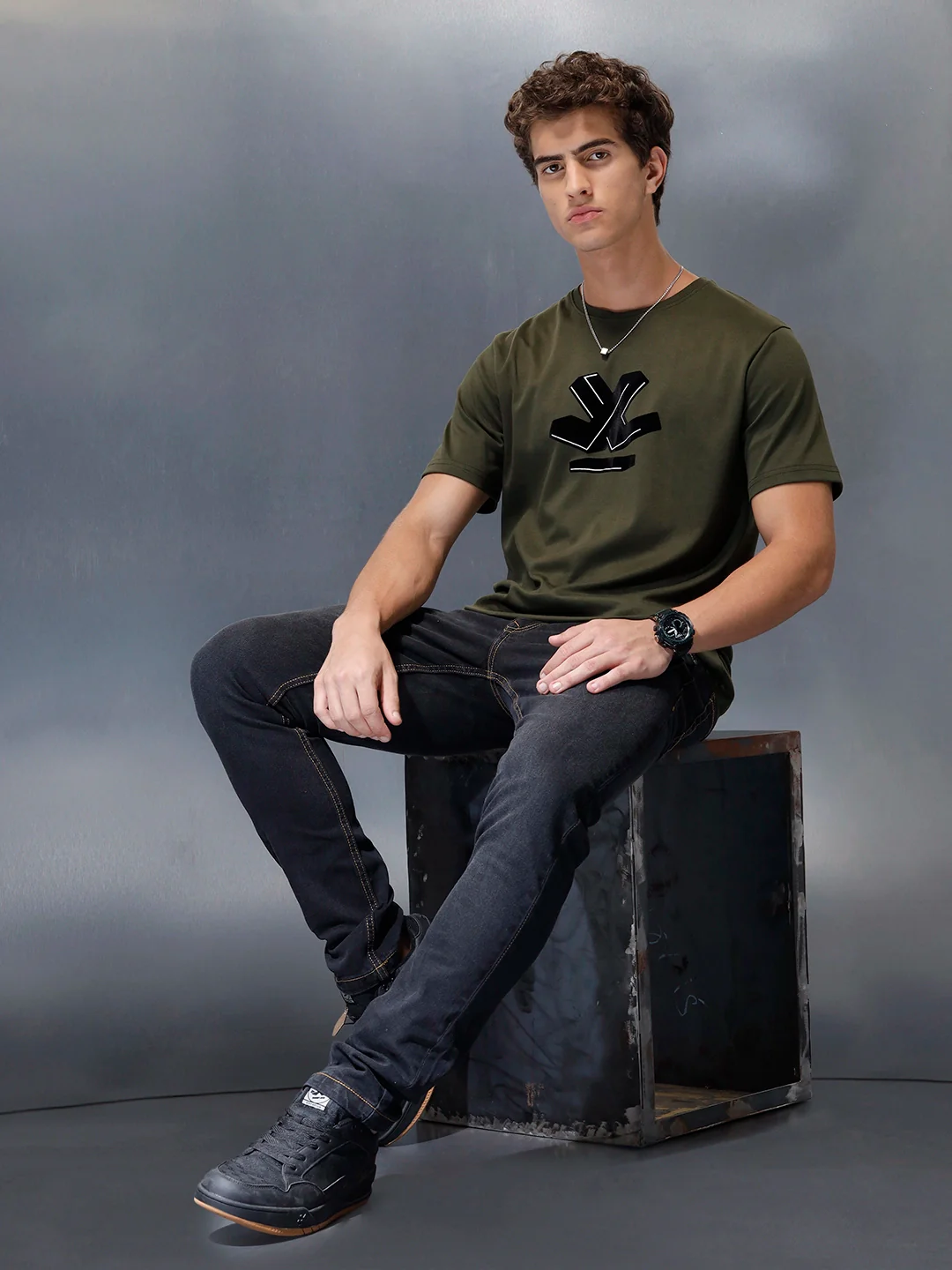 Men's Casual Wrogn Flock printed Tshirt  | Olive - Image 2