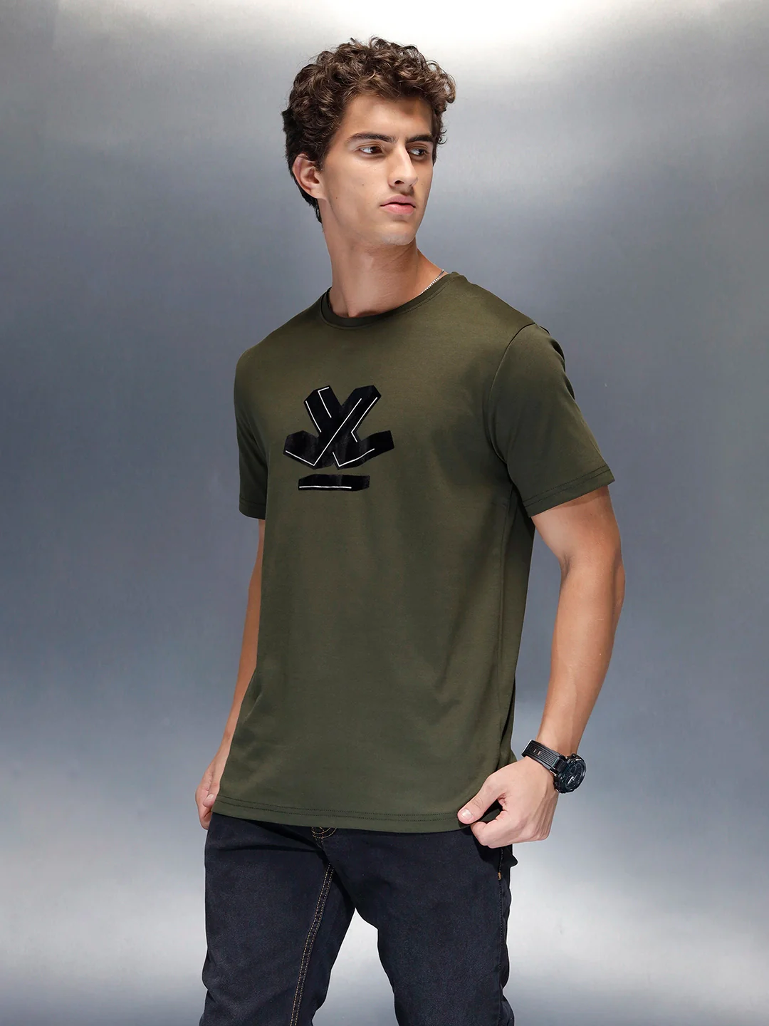 Men's Casual Wrogn Flock printed Tshirt  | Olive - Image 4