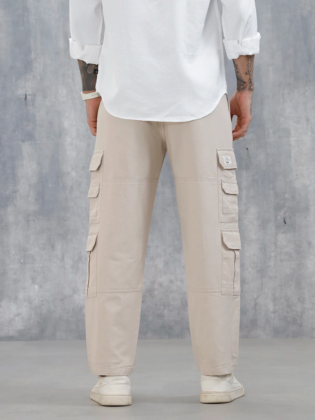 Men's Causal Relaxed Fit Utility Pockets Trousers | Cream - Image 3