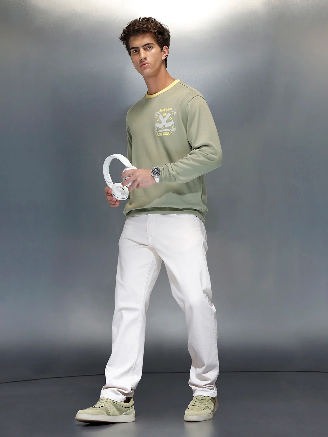 Men's Comfort Fit Wrogn branded Sweatshirt  | Light Green - Image 2