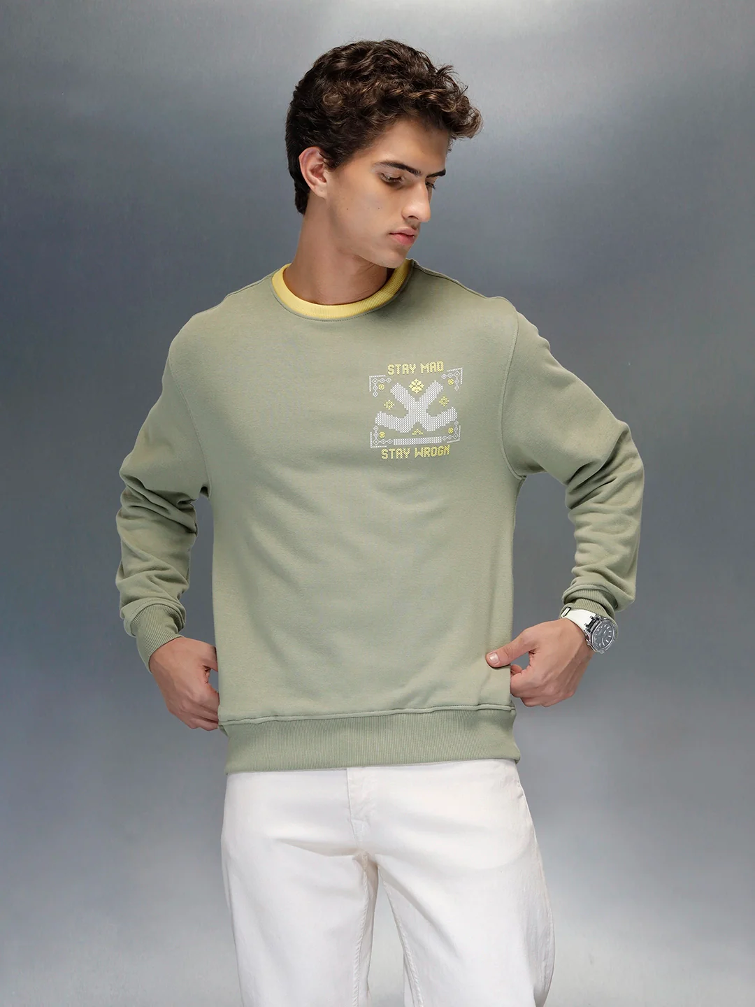 Men's Comfort Fit Wrogn branded Sweatshirt  | Light Green - Image 4