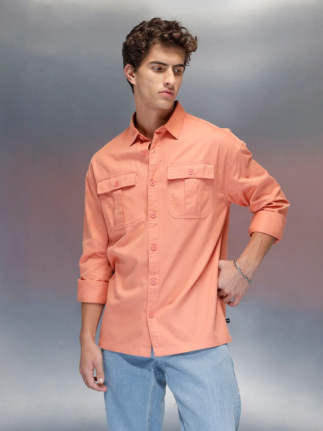 Men's oversize dual pocket shirt  | Peach - Image 4