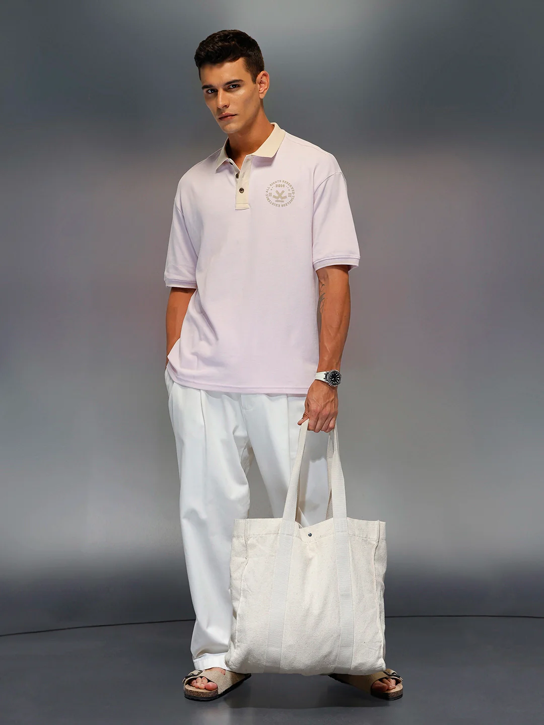 Men's oversize polo tshirt with contrast collar & graphic chest print | Pink - Image 2