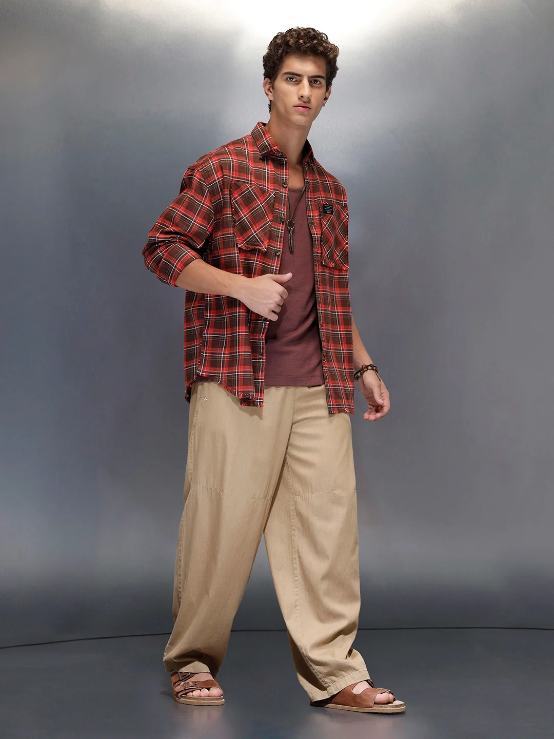 Men's oversize raw hem detail check shirt  | Brown - Image 2