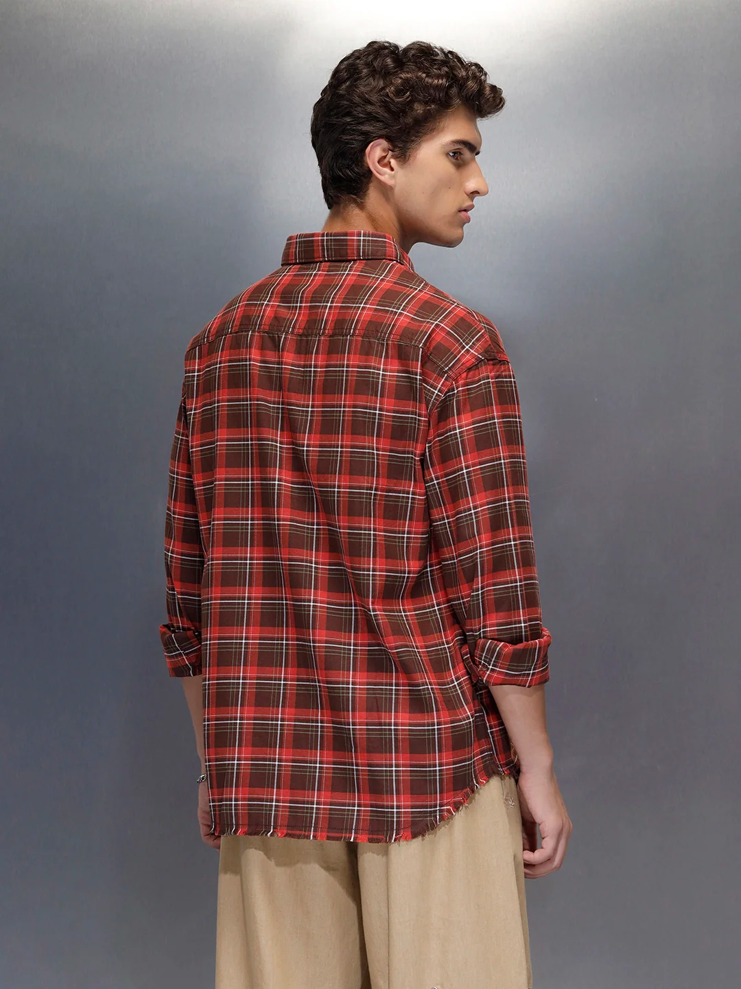 Men's oversize raw hem detail check shirt  | Brown - Image 3