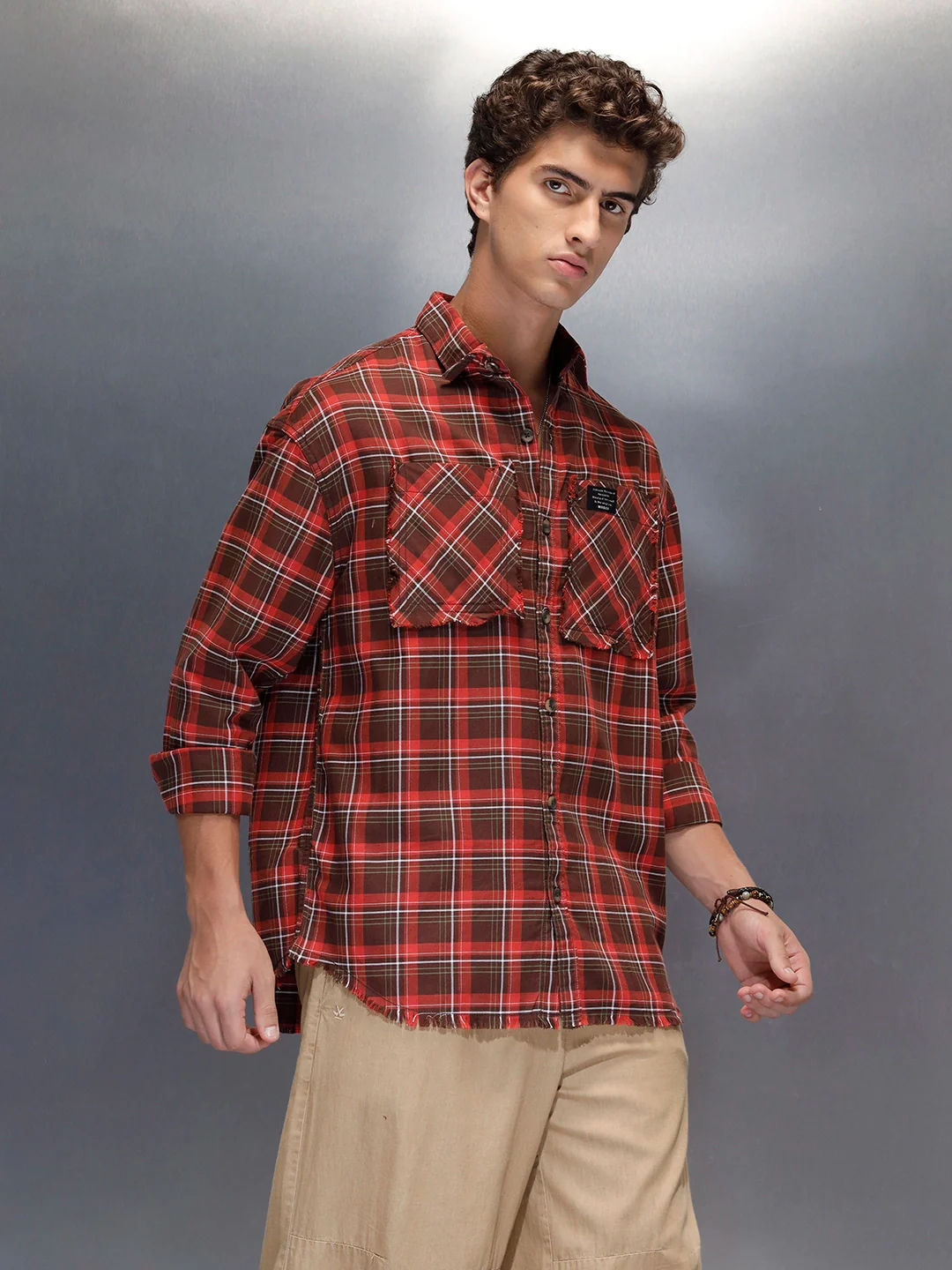 Men's oversize raw hem detail check shirt  | Brown - Image 4