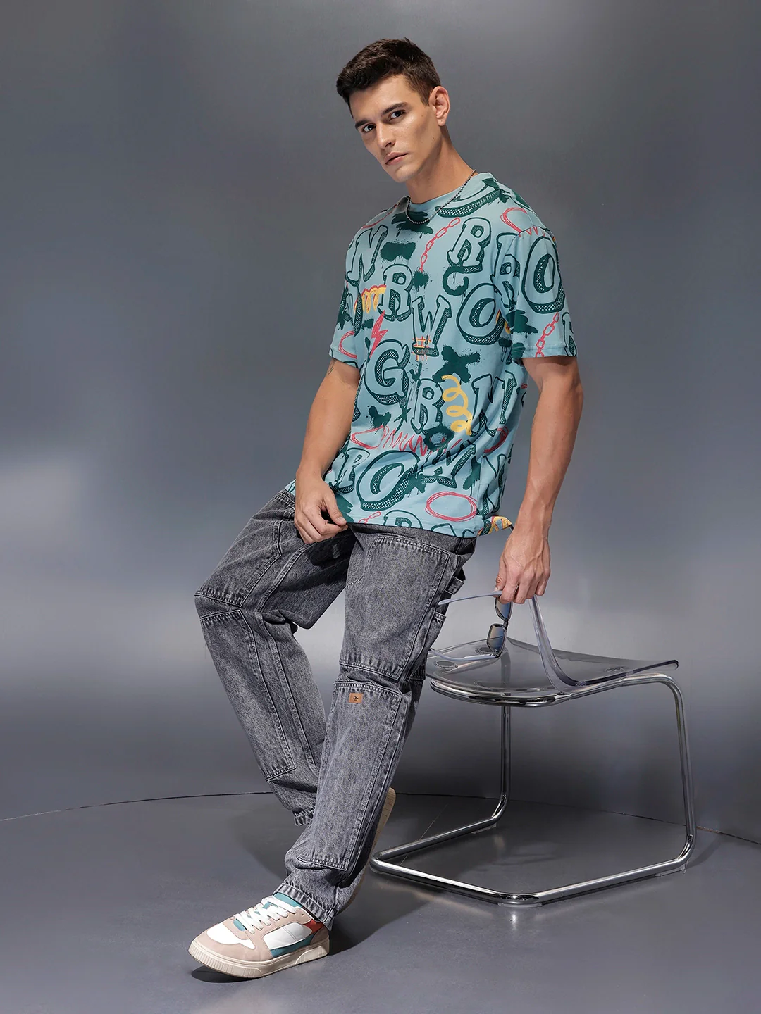 Men's oversized all-over graphic print T-shirt | Teal - Image 2