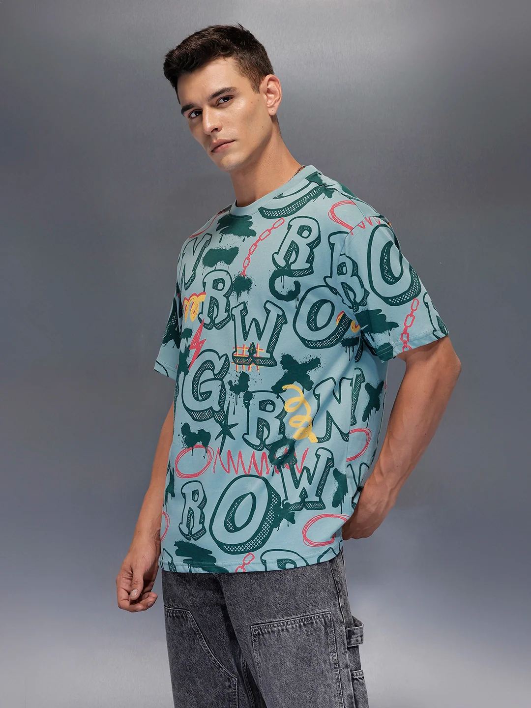 Men's oversized all-over graphic print T-shirt | Teal - Image 4