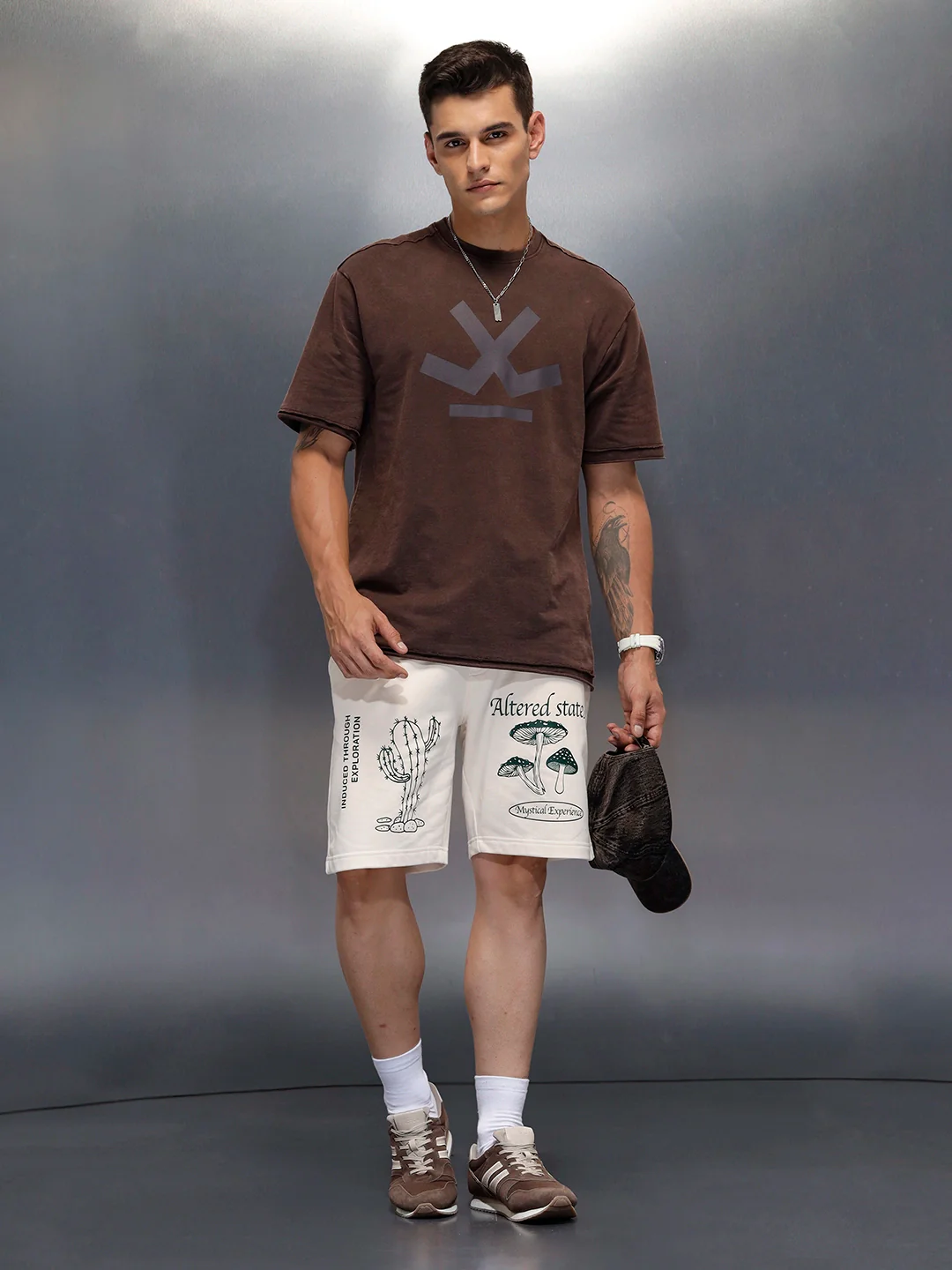 Men's printed regular fit knit shorts  | Beige - Image 2