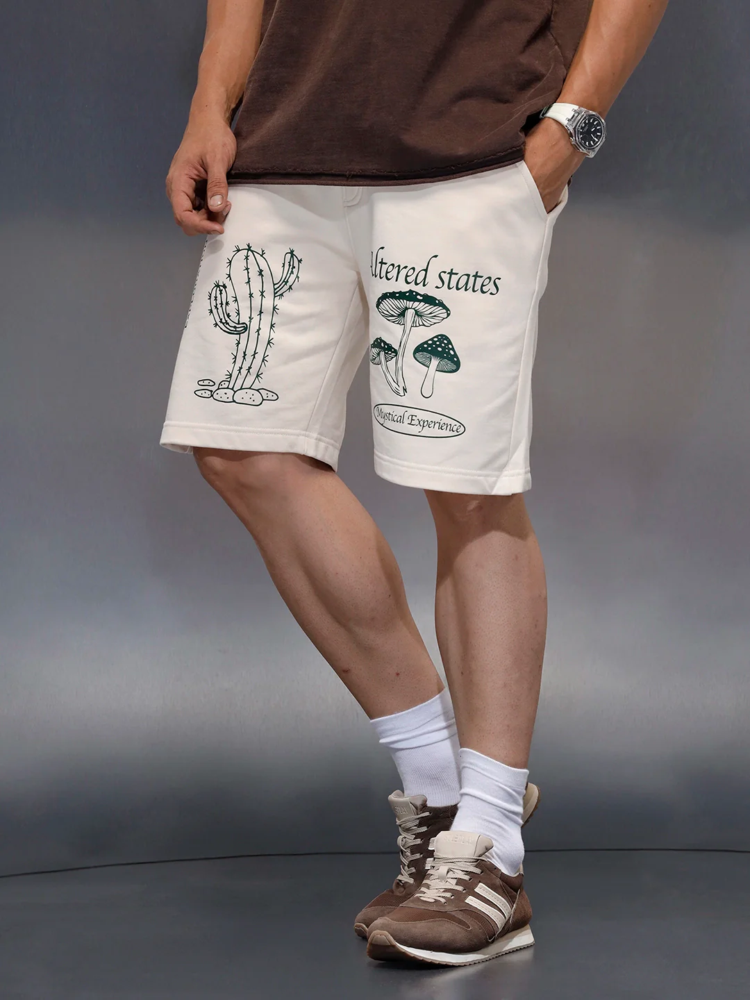 Men's printed regular fit knit shorts  | Beige - Image 4