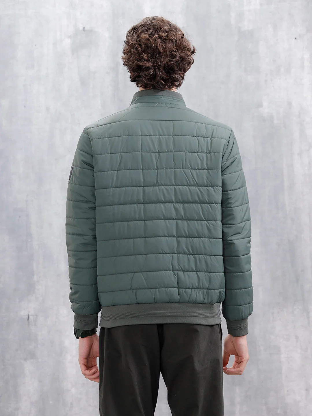 Men's Quilted Zip-Up Puffer Jacket | Dark Green - Image 3