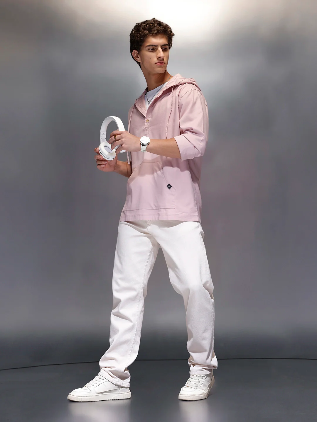 Men's Regular Fit Half Placket Hooded Shirt  |  Pink - Image 2