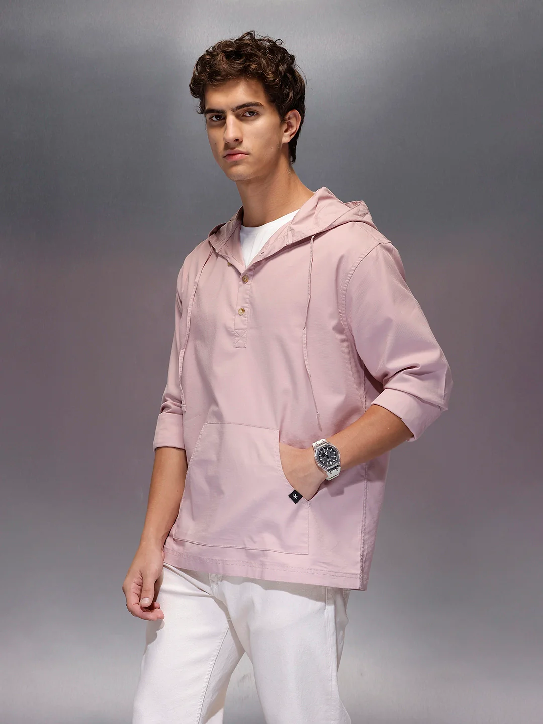Men's Regular Fit Half Placket Hooded Shirt  |  Pink - Image 4