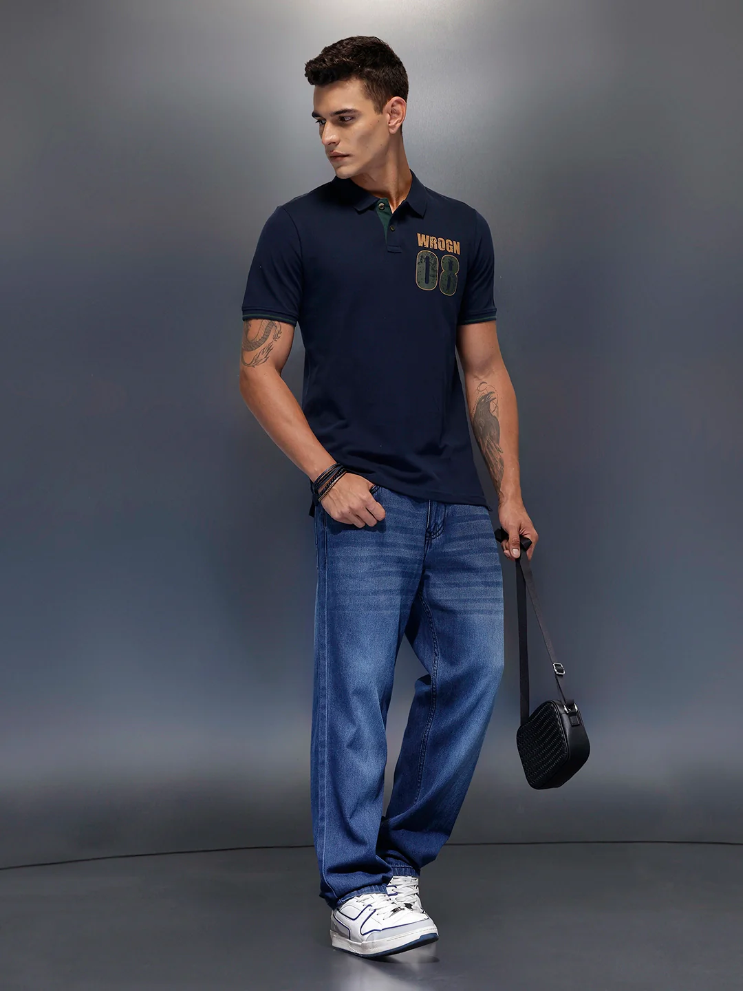 Men's regular fit polo with contrast placket & graphic chest print | Navy Blue - Image 2