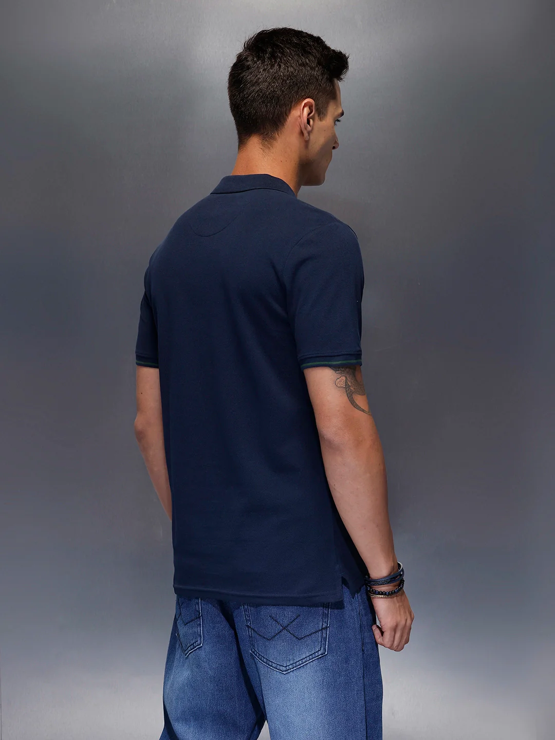 Men's regular fit polo with contrast placket & graphic chest print | Navy Blue - Image 3
