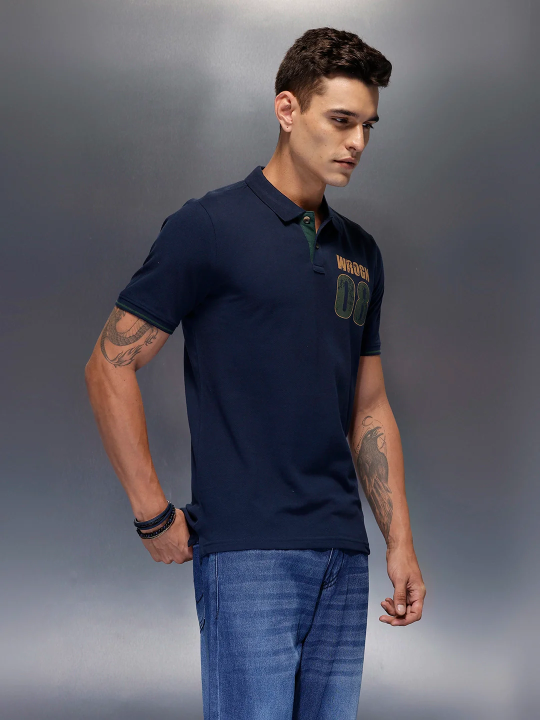 Men's regular fit polo with contrast placket & graphic chest print | Navy Blue - Image 4