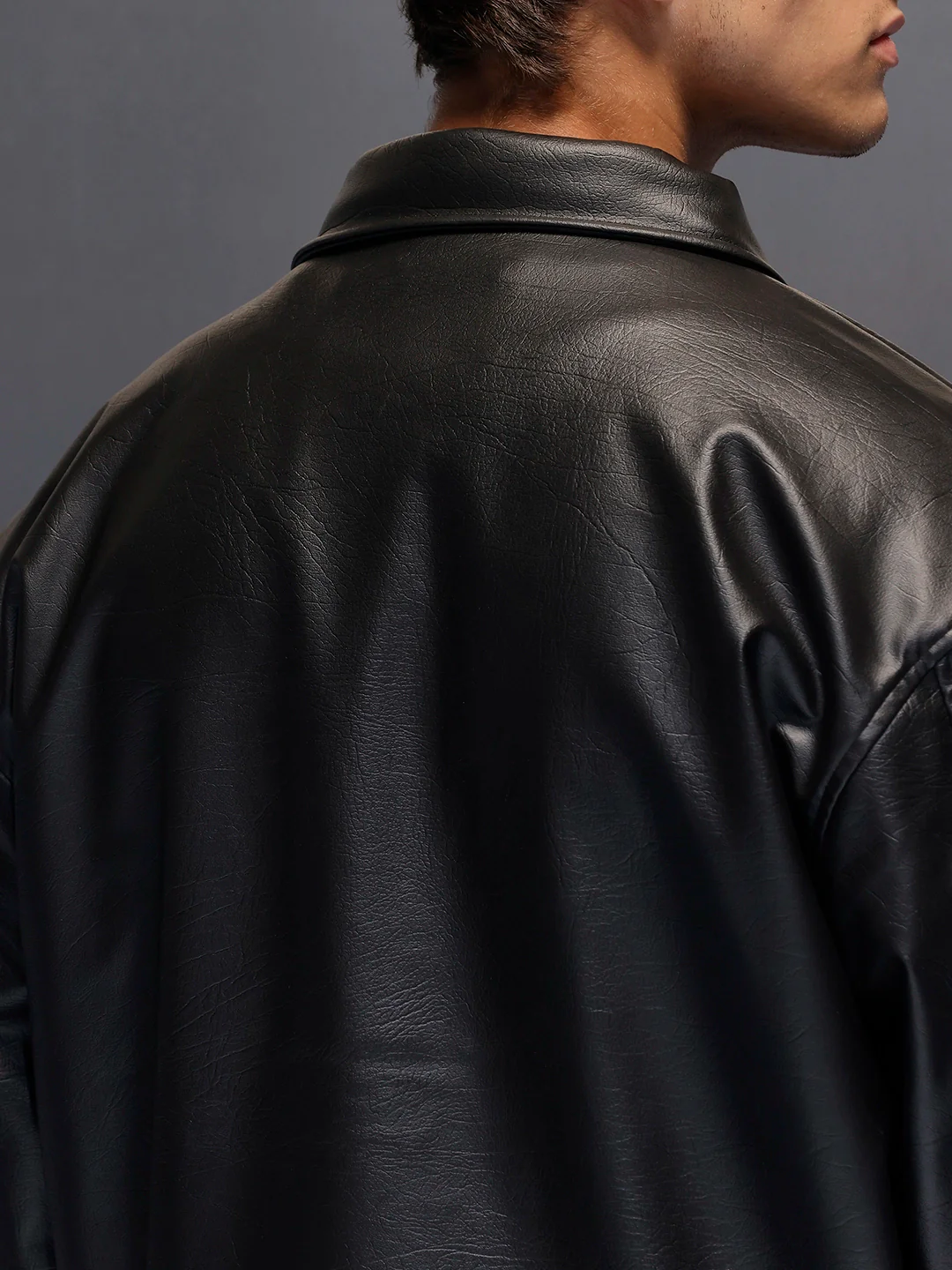 Men's Relaxed Fit Collared Fit PU Jacket  |  Black - Image 4