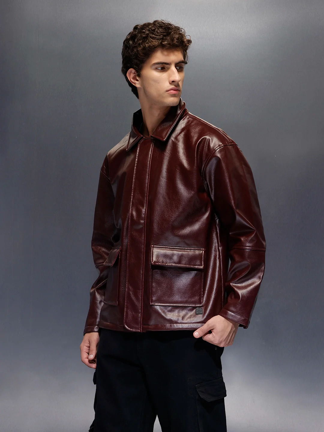 Men's Relaxed Fit Collared Fit PU Jacket  |  Wine - Image 3
